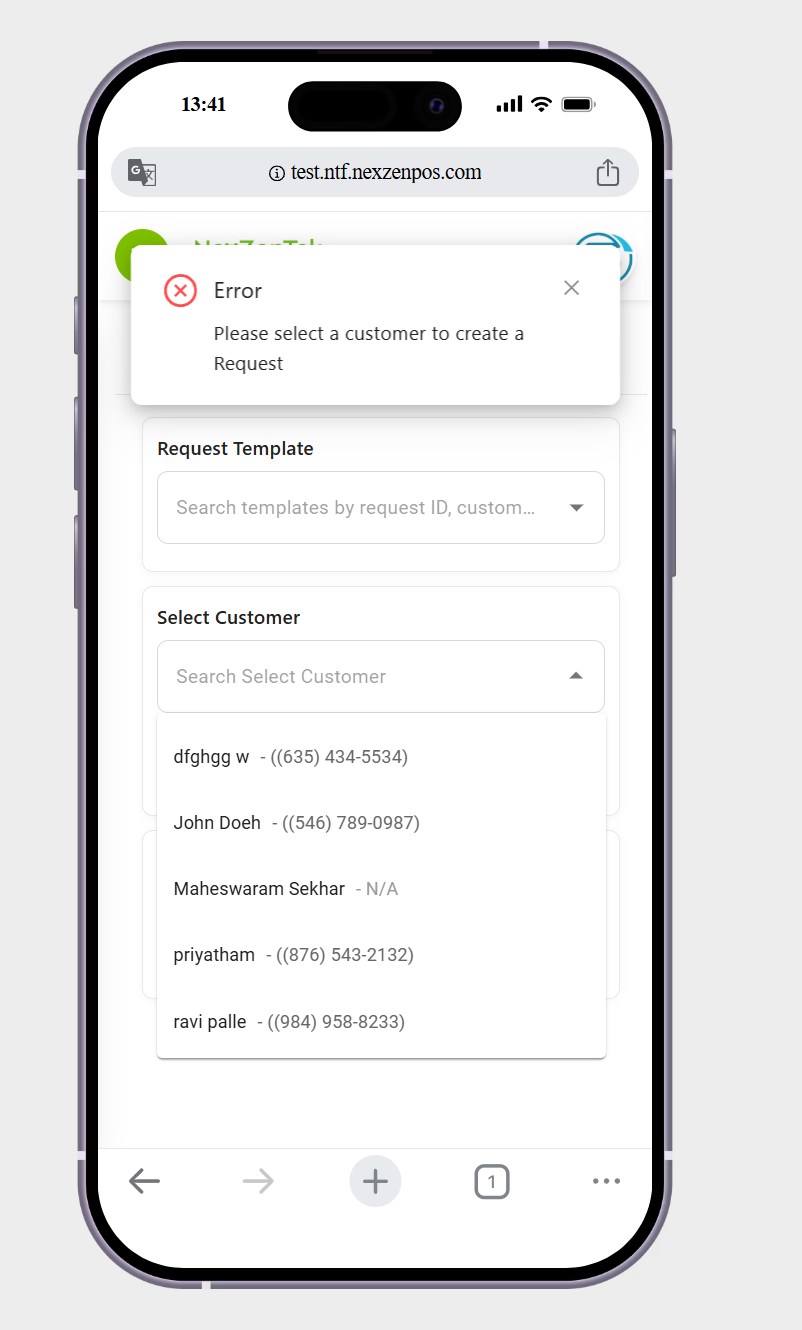 in create request page show me the error in every text felid