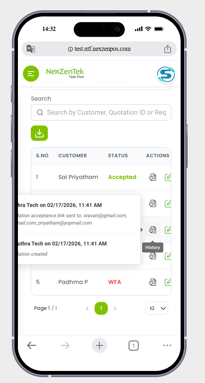 in  qutoes list page the action histor is not showing perfectily