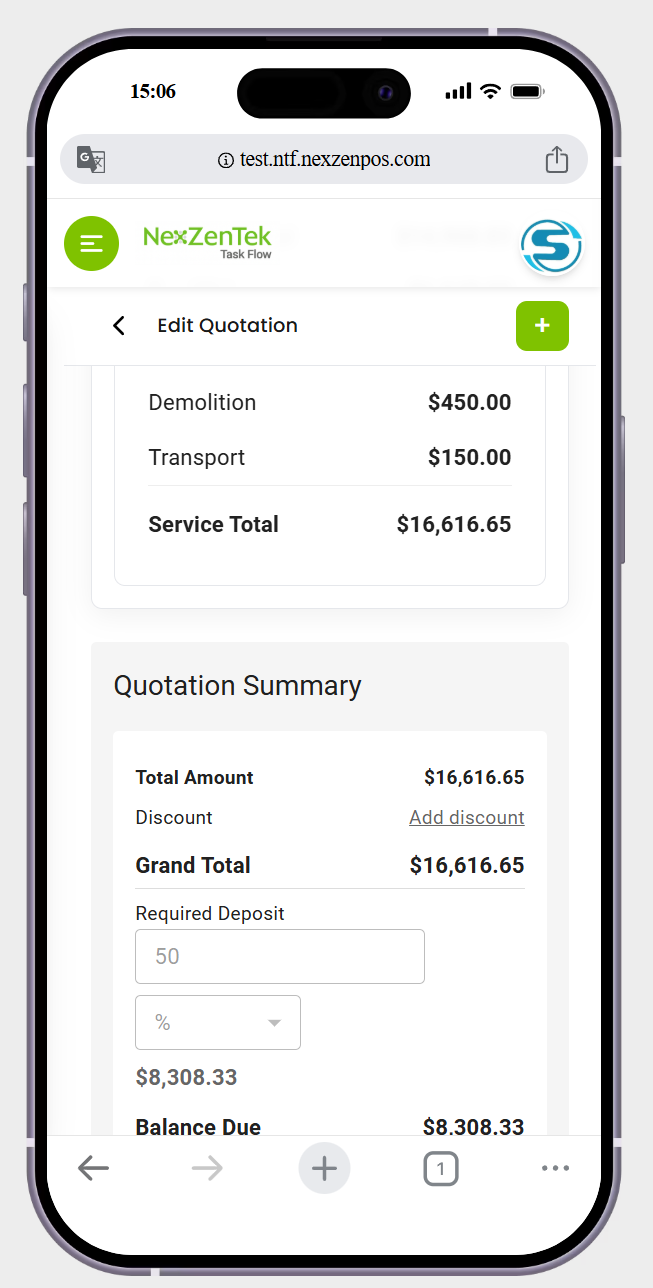 in edit quotation page the quotation summary the required deposit is not workiing