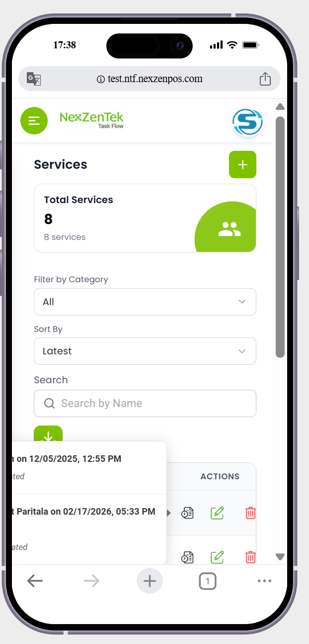 in service page the action history is not showing perfectily